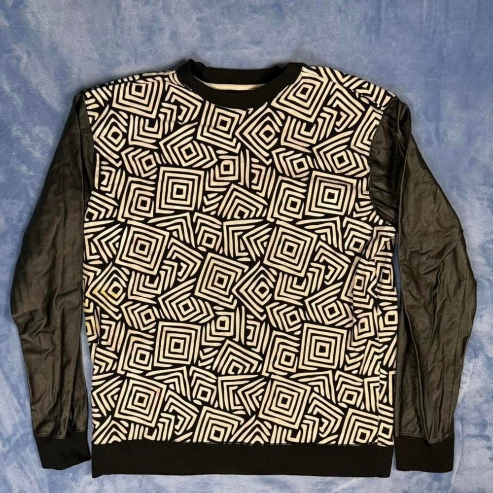 Royal Blue black & white patterned sweatshirt with leather sleeves men Size‎ L